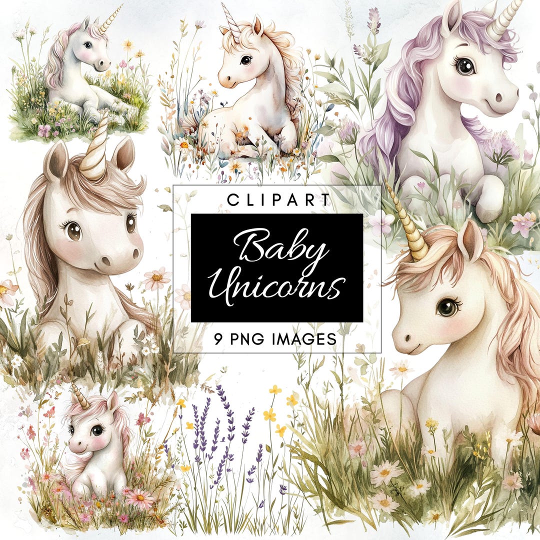 9 Watercolor Baby Unicorn in Grass Clipart - Cute Unicorn PNG ...