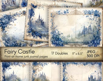 Medieval Castle Junk Journal Papers, Botanical Printable Kit, Blue Floral Ephemera, Digital Scrapbook, Instant Download, Whimsical Castle