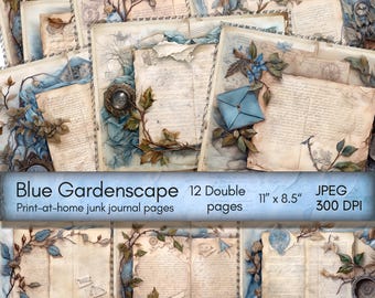 Botanical Junk Journal, Blue Floral Digital Papers, Dreamy Junk Journal And Ephemera, Blue Garden Printable Kit, Scrapbook, Instant Download