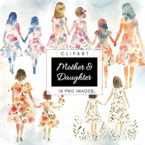 14 Mother&#39;s Day Clipart - Watercolor Mom and Daughter from Back - Matching Outfits - Instant Download - Family PNG - Commercial Use
