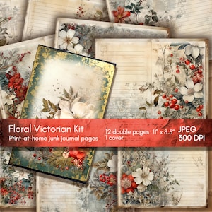Victorian Floral Junk Journal Kit, Lined Printable Digital Papers, Scrapbook Kit, Vintage Collage, Shabby Chic, Instant Download