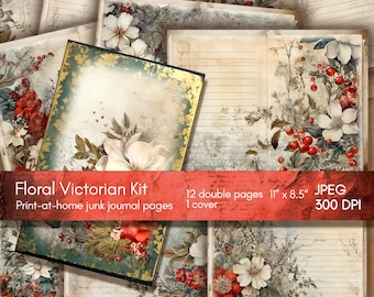 Viktorianskt blommigt skräpjournalkit, linjerat utskrivbart digitalt papper, scrapbookkit, vintagecollage, shabby chic, direktnedladdning