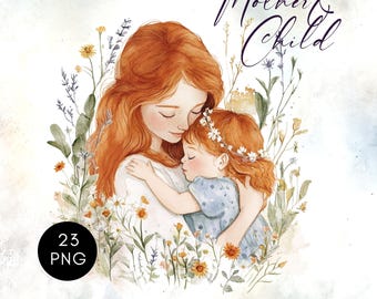 Moeder en kind clipart - Moederdag aquarel clipart - Mother Love - schattige moeder en baby PNG - Instant Download - commercieel gebruik