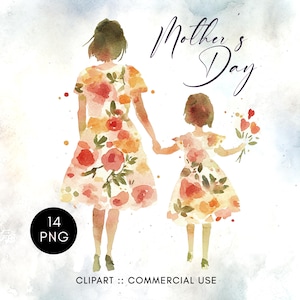 Mothers Day Clipart - Watercolor Mom and Daughter Illustrations - Matching Outfits - Instant Download - Family PNG - Commercial Use