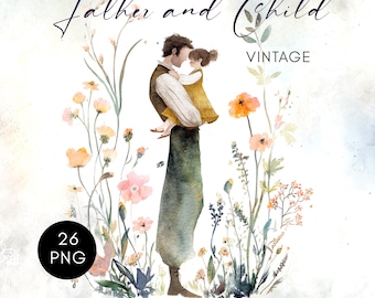 Vintage Father and Child Clipart, Watercolor Retro Art, Nostalgic Dad Images, Father's Day PNG for Crafts & Scrapbooking, Instant Download