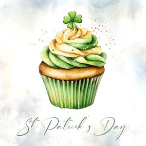 May include: A green and yellow cupcake with a shamrock on top. The cupcake is decorated with green and yellow frosting and sprinkles. The text "St. Patrick's Day" is written below the cupcake.