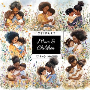 17 Mom and Child Clipart - Mother&#39;s Day Watercolor Clipart - Black Mom PNG - Cute Mom and Baby PNG - Instant Download - Commercial Use