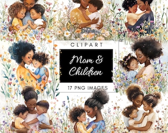 17 Mom and Child Clipart - Mother's Day Watercolor Clipart - Black Mom PNG - Cute Mom and Baby PNG - Instant Download - Commercial Use
