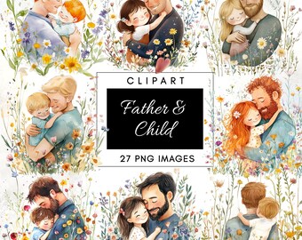 Father and Child Clipart, Watercolor Father's Day Clipart, Father and Son PNG, Dad and Daughter PNG, Dad and Kids Clipart, Instant Download