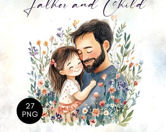 27 Father and Child Clipart, Watercolor Father and Son PNG, Dad and Daughter PNG, Dad and Kids Clipart, Father's Day Crafts Instant Download