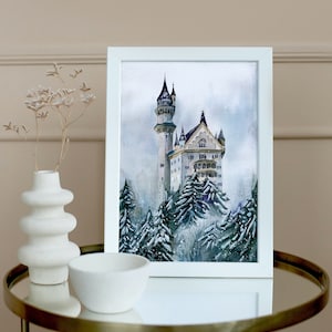 Neuschwanstein Aquarell Druckbare Wand kunst Märchen Schloss Digitaldruck Serene Gemälde Instant Download