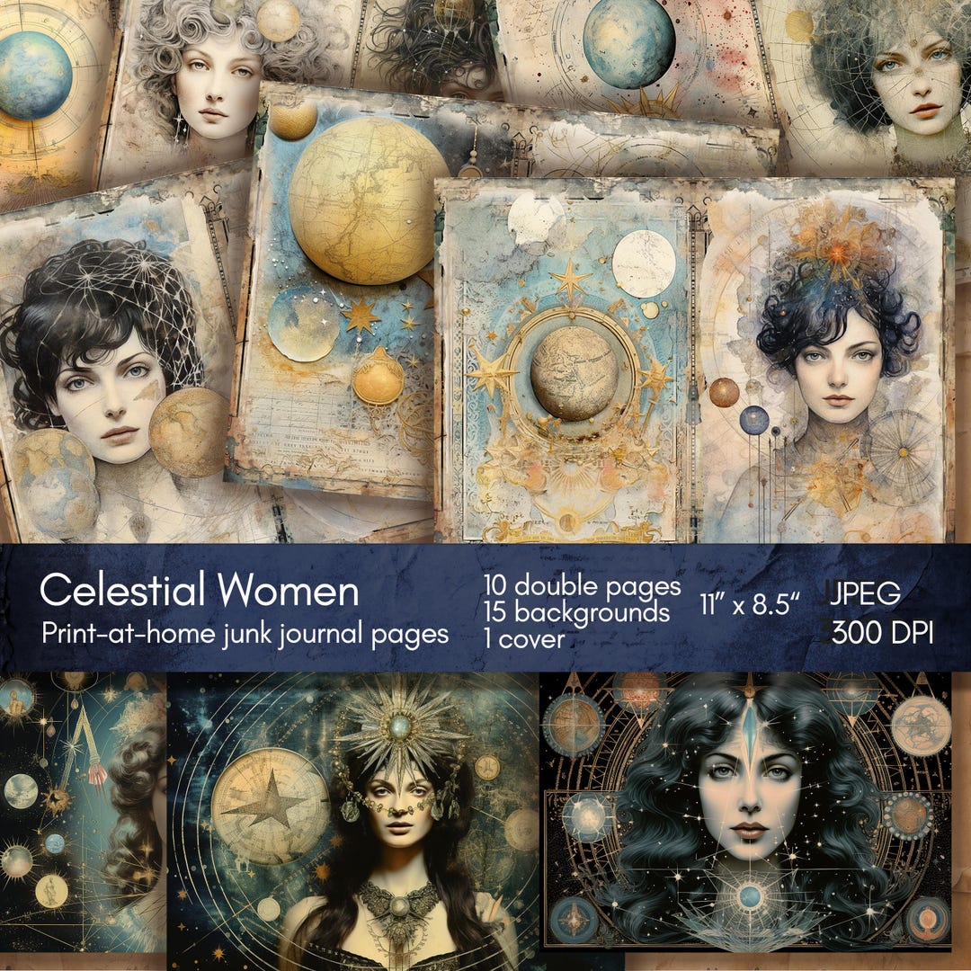 Celestial Women Junk Journal Kit, Moon and Stars Printable Pages ...