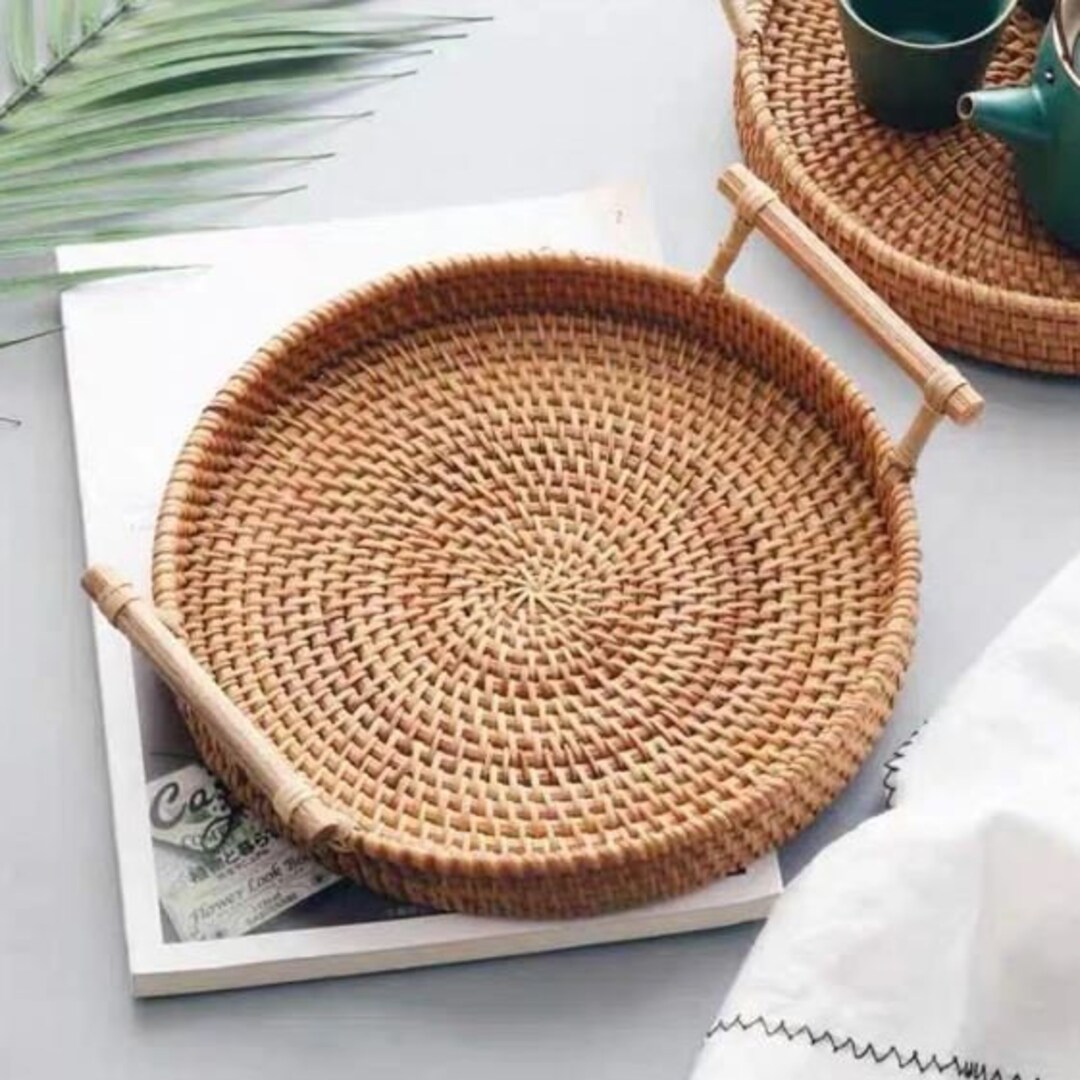 Rattan Wicker Tray Round Rattan Storage Basket Tray With Etsy