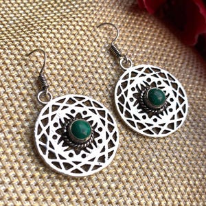 Malachite Dangle Drop Earrings: Oxidized Sterling Silver, Handmade