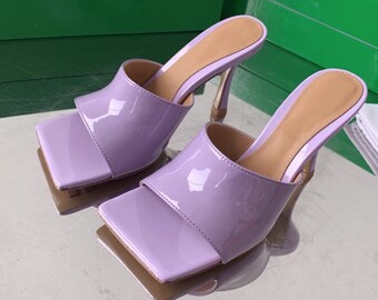 Square Toe High Heel Mule Patented Leather Sandal Shoes Slippers genuine lambskin leather Lavender