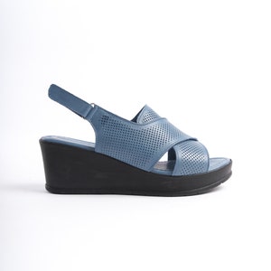 Blue Perforated Wedge Sandals with Cross-Straps, Adjustable Back, Comfort Insole for Women