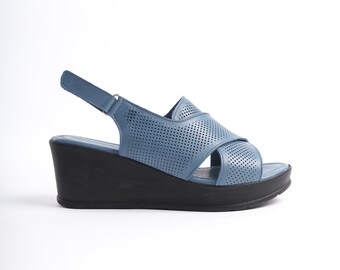 Blue Perforated Wedge Sandals with Cross-Straps, Adjustable Back, Comfort Insole for Women