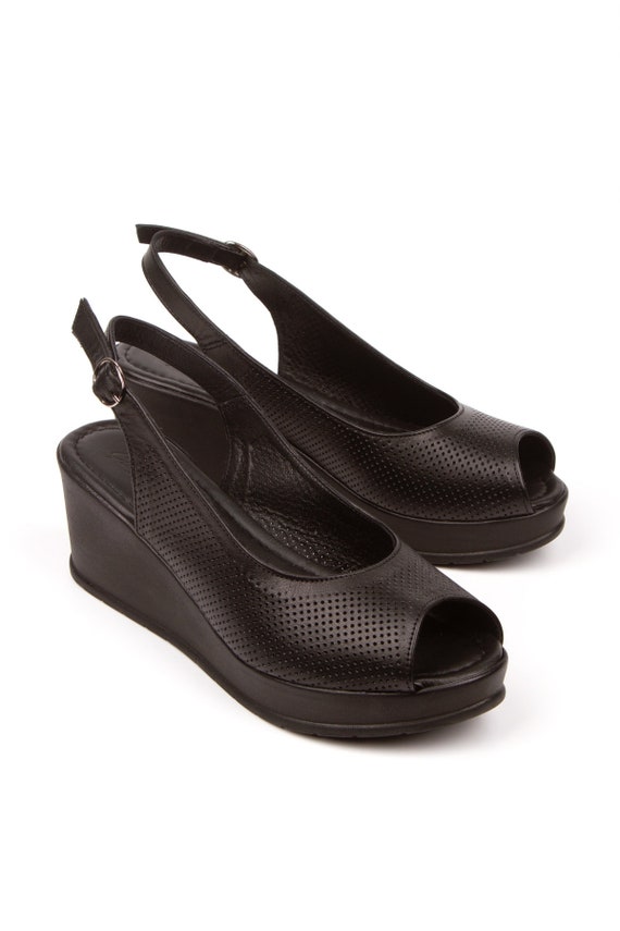 Black leather peep toe wedges deals