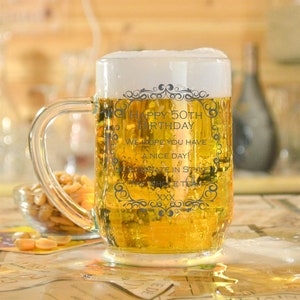 Personalised tankard glass for men engraved stein pint beer tanker birthday anniversary retirement vintage frame handle gift box 590 ml