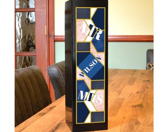 Personalised champagne bottle box mr and mrs wedding gift wine holder/black/magnetic lid/inside/modern mosaic/colourful/unusual/bottle bag