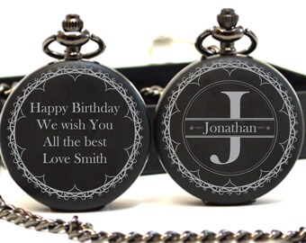 Personalisierte Taschenuhr für Männer schwarz/Initialen/Geburtstag/Jubiläum/Ruhestand/Geschenkbox/Kette/Modern