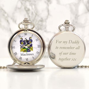 Personalised family crest pocket watch engraved coat of arms gifts men dad him chain clan badge birthday ancestry tree roman silver gift box image 1