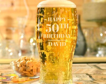 Personalised 50th Birthday Pint Glass Engraved Men/Tulip Shaped/Beer/Lines Design/Gift Box/568 ml