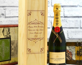 Personalised wooden champagne box engraved gift birthday wine anniversary retirement wedding vintage sliding lid rope handle women men