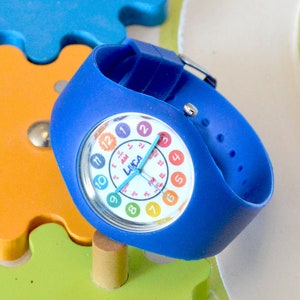 Personalised blue boys wrist watch easy to read dial tell the time cute silicone strap
