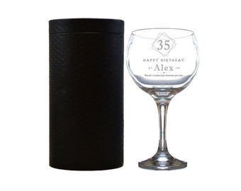Personalised gin and tonic glass gift set engraved in box balloon shaped large copa cocktail juniper long stem age him her women men 630 ml