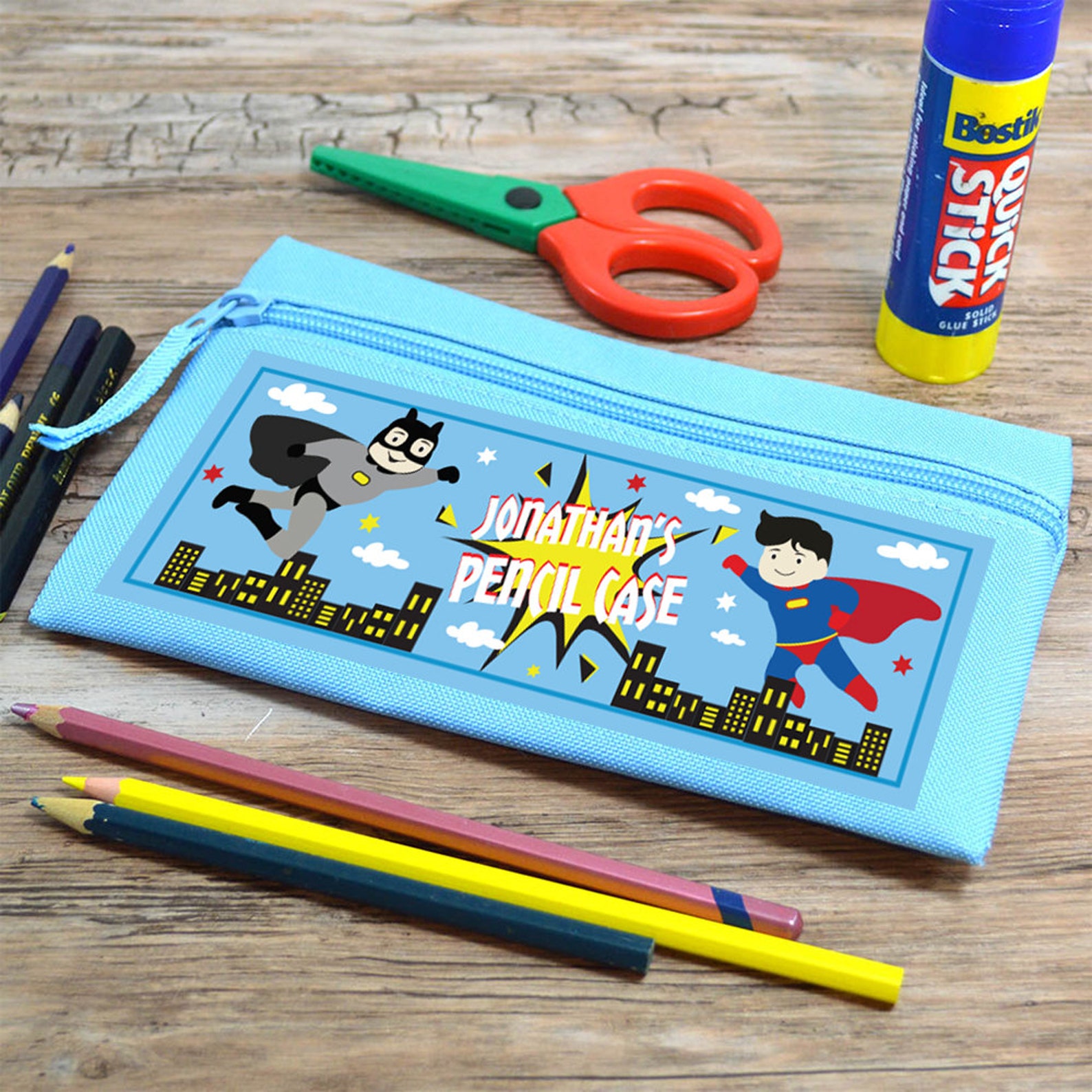 Personalised Pencil Case for Boys Custom Pouch Blue Superhero Back to
