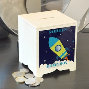 Personalised Childrens Money Box Kids Cute/Boys/Piggy Bank/Newborn Baby/Christening/Rocket/space/Birthday/Saving bank toddler/Wood