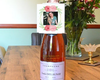 Personalised champagne bottle neck tag for women wine/photo/frame display stand/flowers flowery floral/roses/birthday/pink/unusual/memory