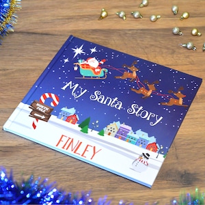 Libro de actividades navideñas personalizado para niños con letra de Papá Noel, tapa dura personalizada, espacio para fotografías de 5 x 7, actividades festivas, edades de 5 a 8 años.
