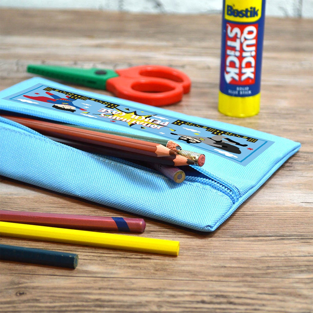 Personalised Pencil Case for Boys Custom Pouch Blue Superhero Back to