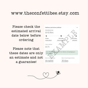 May include: A graphic with text that reads "Please check the estimated arrival date below before ordering. Please note that these dates are only an estimate and not a guarantee!"  The graphic also includes a delivery and return policy with estimated delivery dates of November 10-15, a cost to deliver of &pound;1.75, and a return and exchange window of 30 days.