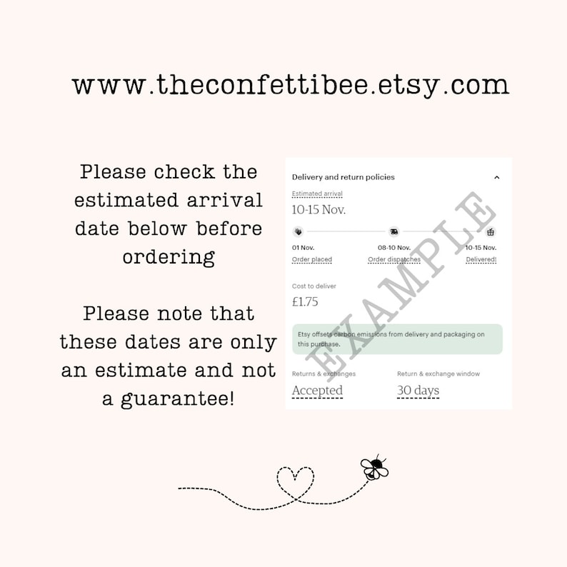 May include: A graphic with text that reads "Please check the estimated arrival date below before ordering. Please note that these dates are only an estimate and not a guarantee!"  The graphic also includes a delivery and return policy with estimated delivery dates of November 10-15, a cost to deliver of &pound;1.75, and a return and exchange window of 30 days.
