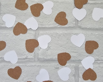 Scalloped Heart Circle White and Kraft Confetti, Wedding Table Scatter, Party Event Decorations