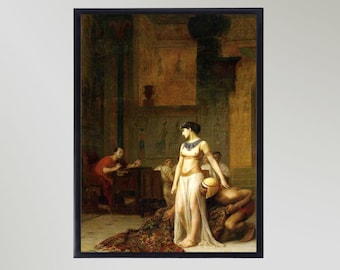 Può includere: Un dipinto che rappresenta una scena dell'antico Egitto. Una donna con un vestito bianco e gioielli si trova al centro della stanza, con un uomo inginocchiato davanti a lei. Altre figure sono visibili sullo sfondo.