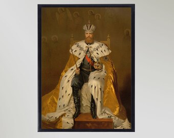 May include: A painting of a man in a crown and royal robes sitting on a throne. He is holding a scepter and a globe. The background is a gold and white pattern.