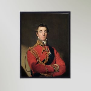 May include: A portrait painting of a man in a red military uniform with gold trim and a black sash. He is wearing a white shirt with a high collar and has short brown hair. The background is a dark brown.