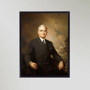 May include: A portrait painting of a man wearing a dark suit and glasses. He is standing in front of a building with a dome. The background is a light brown colour.