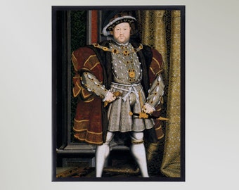 May include: A framed portrait of a man in royal clothing. He is wearing a dark hat, a patterned silver and gold tunic, and a burgundy and brown robe. He holds a sword in each hand. The background includes a patterned curtain and a window.