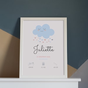 Personalized birth poster cloud and heart, Gift birth boy girl, Decoration baby room, poster birth customizable