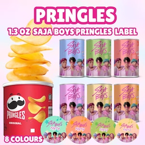 May include: An image featuring a stack of potato crisps and several cans of Pringles with the text "PRINGLES" and "1.3 OZ SAJA BOYS PRINGLES LABEL". The image also shows 8 colorful labels with the text "SAJA BOYS PARTY".