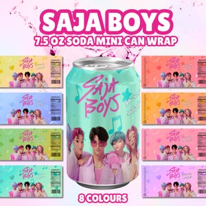 May include: A teal soda can wrap with the text "SAJA BOYS" and "7.5 OZ SODA MINI CAN WRAP". The can features a group of animated characters and musical notes. Eight color options are displayed.