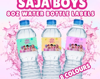 Opakowanie na napój Saja Boys | Łowcy Demonów K-pop | Etykiety na butelki z wodą 8/12 uncji | Lekarstwo Rumiego | Cosplay Huntrix Kpop Party Printable