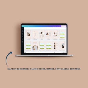 Puede incluir: Una pantalla de computadora port&aacute;til que muestra una plantilla de dise&ntilde;o de Canva para una gu&iacute;a de servicios y precios. La plantilla incluye una tabla de contenido, una secci&oacute;n sobre m&iacute;, testimonios de clientes y m&aacute;s. El dise&ntilde;o es personalizable con diferentes colores, im&aacute;genes y fuentes.