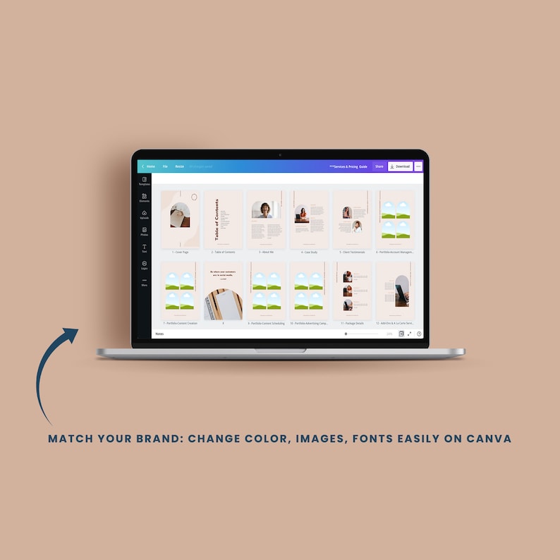 Puede incluir: Una pantalla de computadora port&aacute;til que muestra una plantilla de dise&ntilde;o de Canva para una gu&iacute;a de servicios y precios. La plantilla incluye una tabla de contenido, una secci&oacute;n sobre m&iacute;, testimonios de clientes y m&aacute;s. El dise&ntilde;o es personalizable con diferentes colores, im&aacute;genes y fuentes.