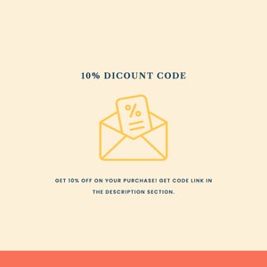 May include: A yellow envelope with a yellow paper inside that has a percent sign on it. The text "10% DICOUNT CODE" is above the envelope and the text "GET 10% OFF ON YOUR PURCHASE! GET CODE LINK IN THE DESCRIPTION SECTION." is below the envelope.
